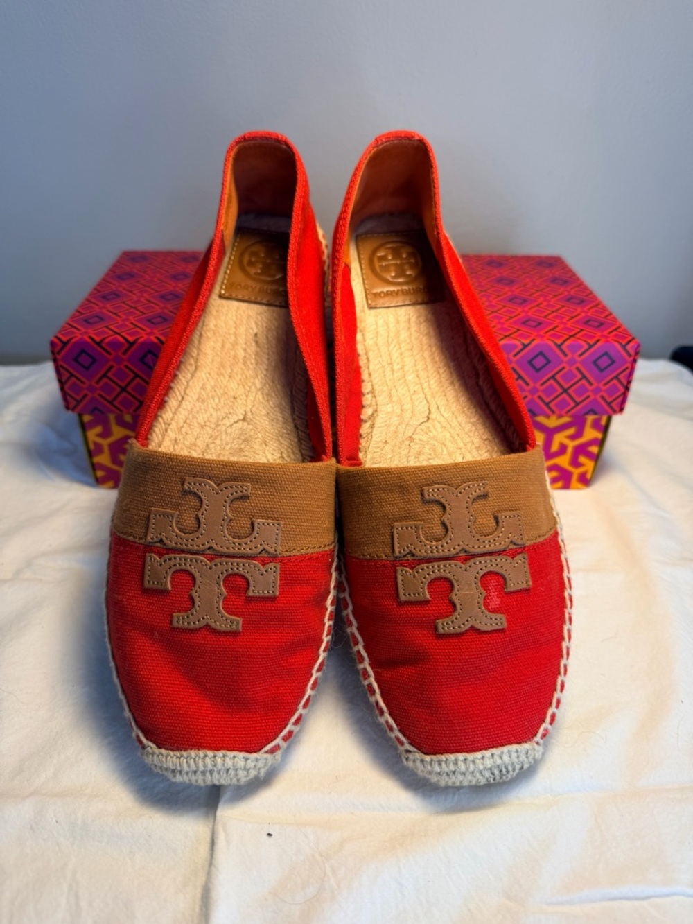 Tory Burch Red Canvas Espadrilles with Tan Trim and Logo